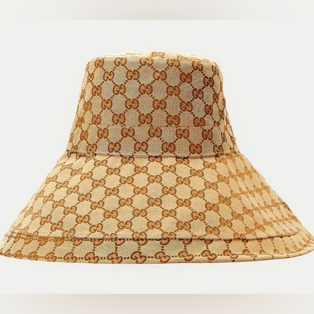 Gucci GG Beige Monogram Bucket Hat Wide Brim Large Trim Stiff Canvas Jacquard - Picture 9 of 15